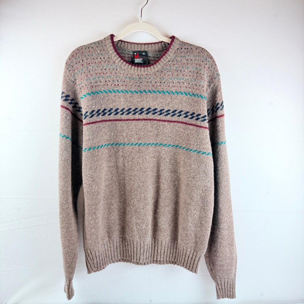 Vintage Robert Bruce Sweater Mens, XL Tan Geometric Fair Isle Knit Pullover